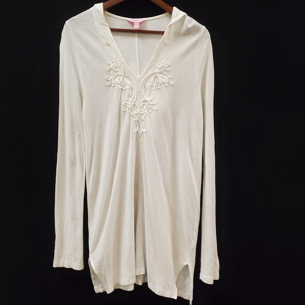 Lilly Pulitzer Womens Embroidered Noelle Hooded Tunic Top Size L White Beach